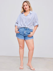 Collar Striped Roll-up Middle Sleeve Shirt Curve & Plus