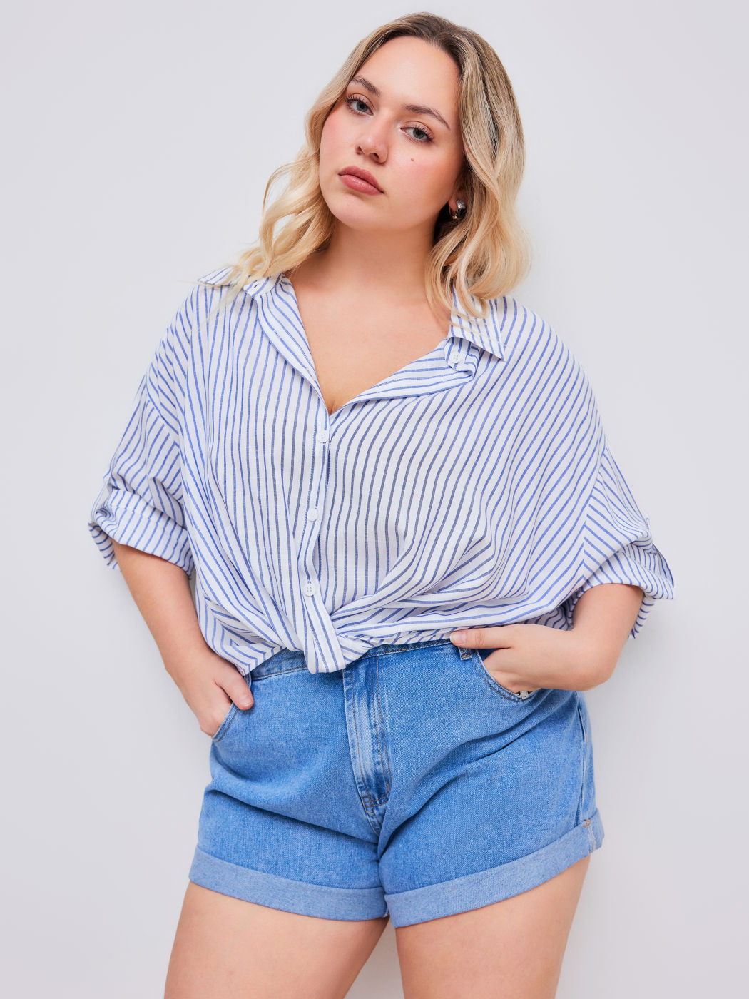 Collar Striped Roll-up Middle Sleeve Shirt Curve & Plus