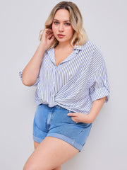 Collar Striped Roll-up Middle Sleeve Shirt Curve & Plus