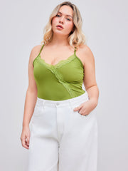 Jersey V-neck Lace Trim Solid Cami Bodysuit Curve & Plus