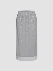 Chiffon Mid Rise Rhinestone Maxi Skirt