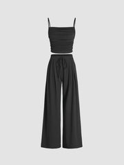 Square Neck Ruched Top & Elastic Waist Trousers Matching Set