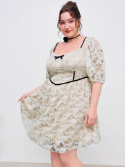 Lace Bowknot Ruffle Contrasting Binding Mini Dress Curve & Plus