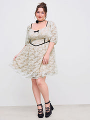 Lace Bowknot Ruffle Contrasting Binding Mini Dress Curve & Plus