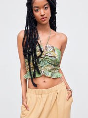 Woven Halter Paisley Ruched Lettuce Trim Crop Top