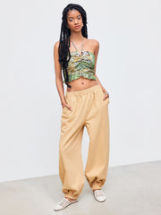Woven Halter Paisley Ruched Lettuce Trim Crop Top