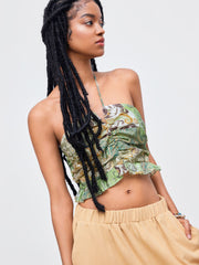 Woven Halter Paisley Ruched Lettuce Trim Crop Top