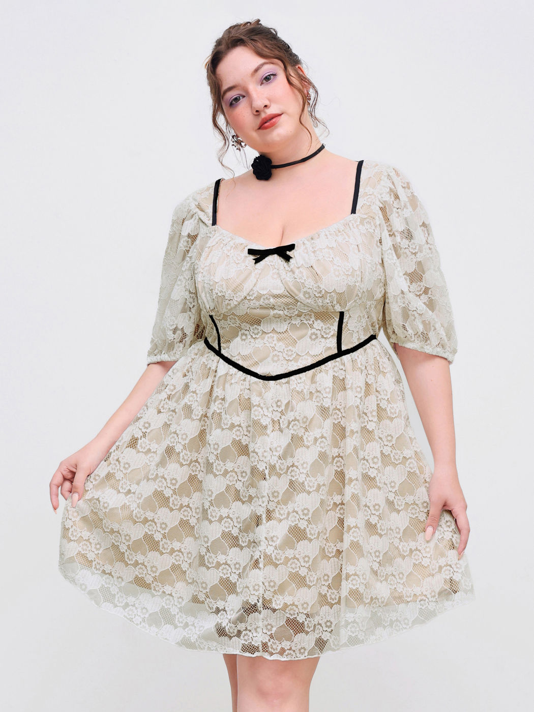 Lace Bowknot Ruffle Contrasting Binding Mini Dress Curve & Plus