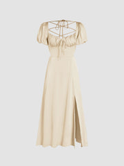Satin Knotted Puff Sleeve Split Midi Dress