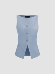 Boat Neck Solid Button Vest & Mid Rise Solid Pocket Straight Leg Trousers