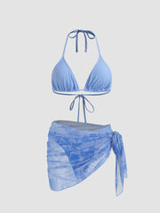 Halter Triangle Bikini Set With Floral Sarong
