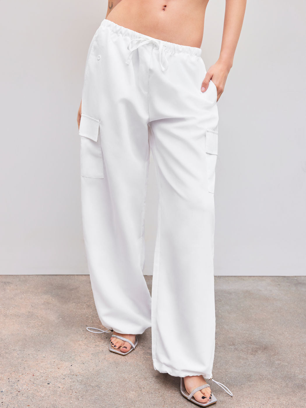 Slim Version Solid Low-Rise Parachute Cargo Pants
