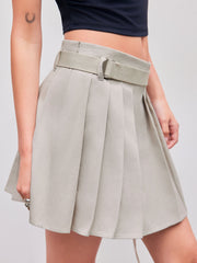 Low Rise Solid Pleated Belted Mini Skirt