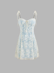Lace Square Neck Floral Embroidery Knotted Mini Dress