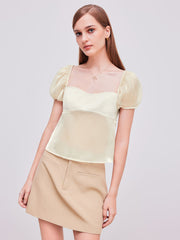 Square Neck Solid Knotted Puff Sleeve Blouse