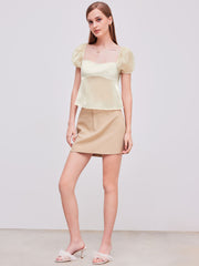 Square Neck Solid Knotted Puff Sleeve Blouse
