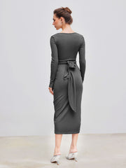 Rib Knit Square Neck Solid Twist Maxi Dress