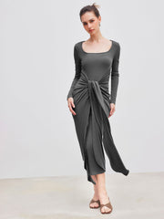 Rib Knit Square Neck Solid Twist Maxi Dress