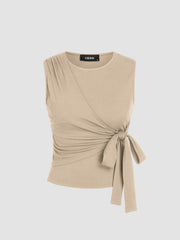 Round Neck Bowknot Solid Tank Top