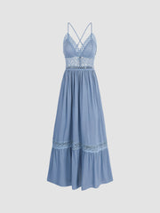 Solid Lace Trim Tiered Maxi Dress