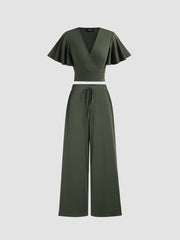 V-neck Solid Ruched Crop Top & Pants Matching Set