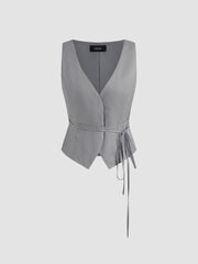 V-neck Solid Knotted Blazer Vest