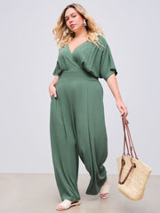 Linen-blend V-neck Solid Corset Pocket Jumpsuit Curve & Plus