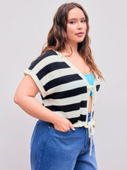 Knitted V-neck Striped Knotted Top Curve & Plus