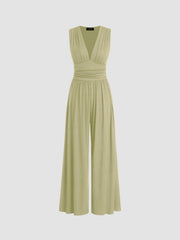 V-neck Ruched Solid Wide Leg Jumpsuit