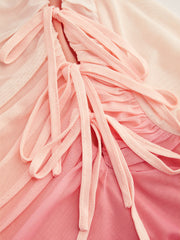 Mesh Stand Collar Gradient Ruched Knotted Maxi Dress
