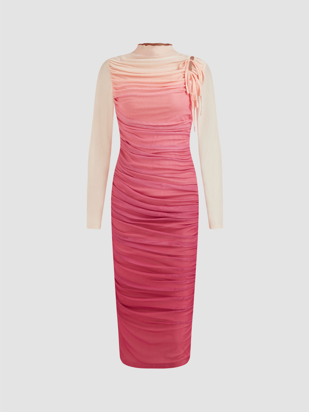 Mesh Stand Collar Gradient Ruched Knotted Maxi Dress