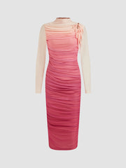 Mesh Stand Collar Gradient Ruched Knotted Maxi Dress