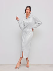 Sequin Polo Button Long Sleeve Maxi Dress