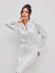 Sequin Polo Button Long Sleeve Maxi Dress