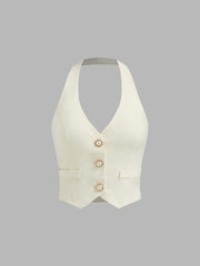 Woven Halter Pearl Button Crop Vest
