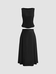 Woven Boat Neck Solid Tank Top & Mid Rise Midi Skirt