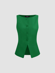 Woven Boat Neck Solid Button Vest