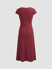 Knit V-neck Polka Dot Bowknot Midi Dress