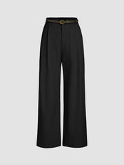 Petite Linen-blend Mid Rise Solid Wide Leg Trousers With Belt