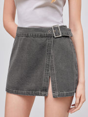 Denim Low Rise Solid Split Belted Mini Skirt