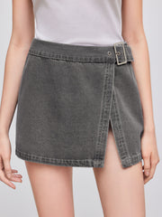 Denim Low Rise Solid Split Belted Mini Skirt
