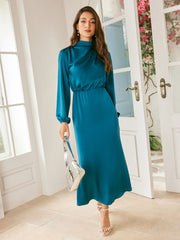 Stand Collar Solid Ruched Long Sleeve Maxi Dress