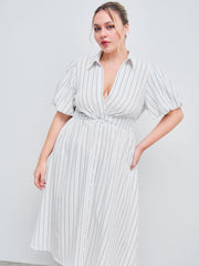 Woven V-neck Striped Pocket Midi Shirt Dress Curve & Plus