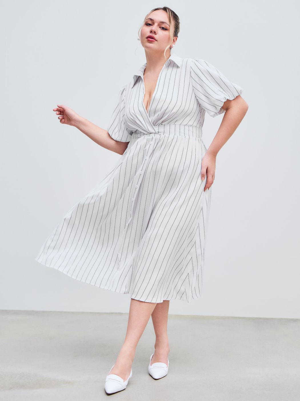 Woven V-neck Striped Pocket Midi Shirt Dress Curve & Plus