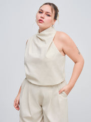 Linen-blend High Neck Asymmetrical Tank Top Curve & Plus