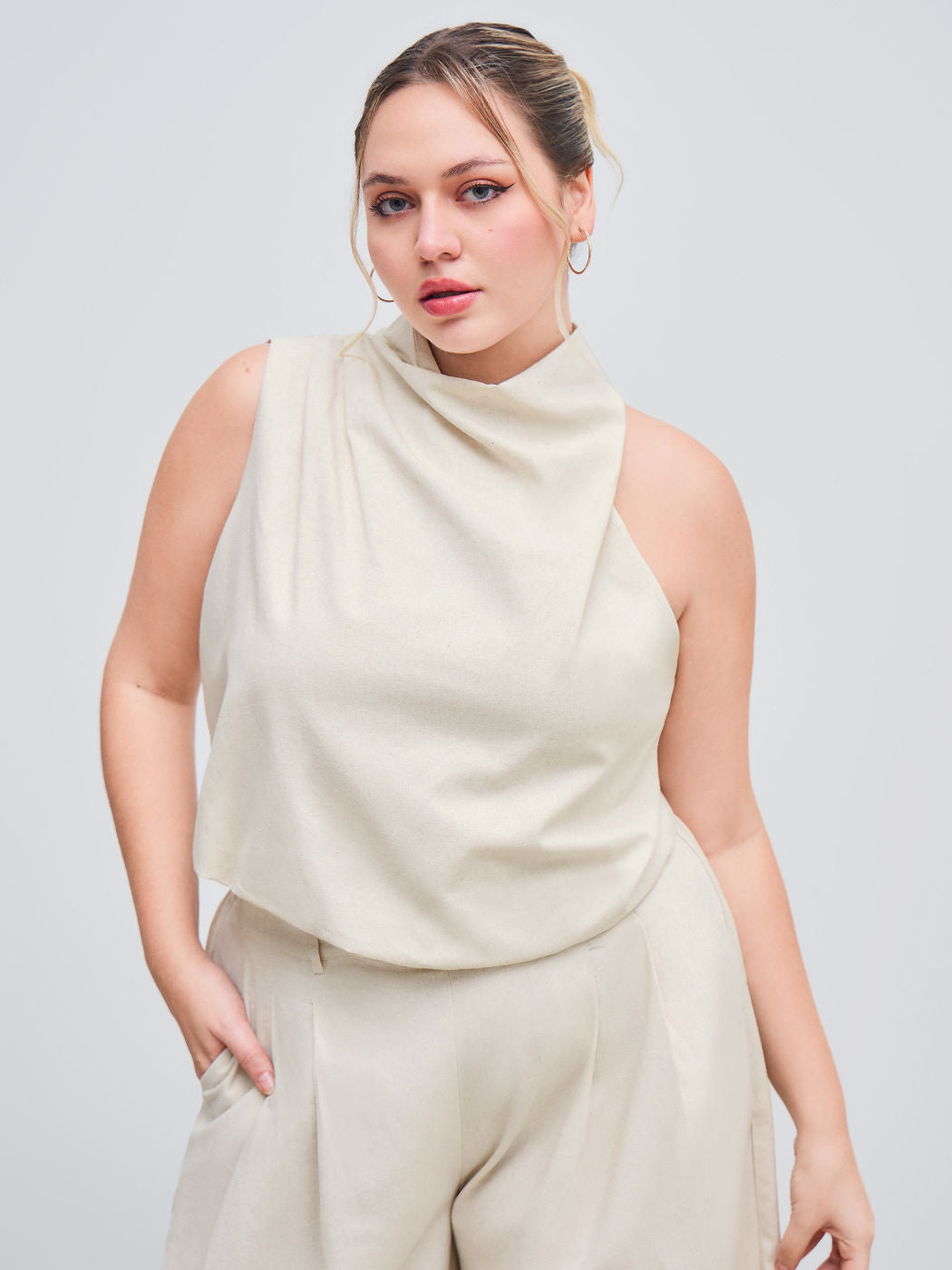 Linen-blend High Neck Asymmetrical Tank Top Curve & Plus
