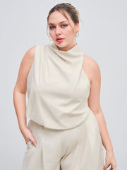 Linen-blend High Neck Asymmetrical Tank Top Curve & Plus