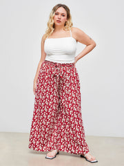 Woven Square Neck Solid Ruched Crop Top & Mid Rise Floral Knotted Wide Leg Trousers Curve & Plus