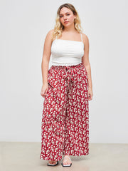 Woven Square Neck Solid Ruched Crop Top & Mid Rise Floral Knotted Wide Leg Trousers Curve & Plus