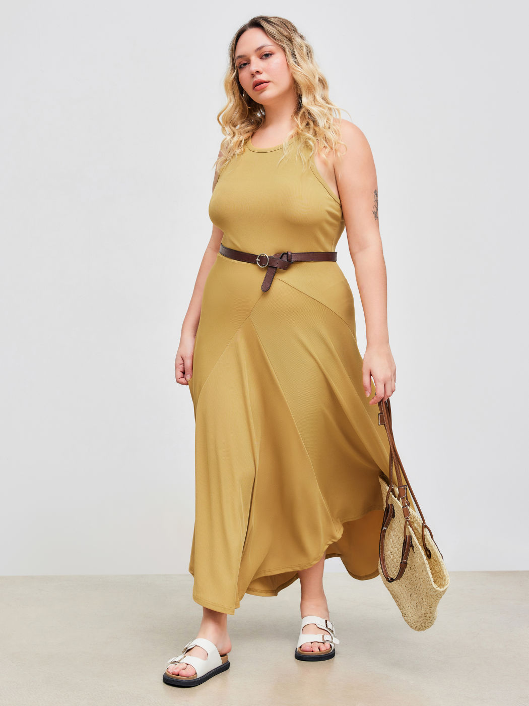 Round Neckline Solid Asymmetrical Ruffle Sleeveless Maxi Dress Curve & Plus